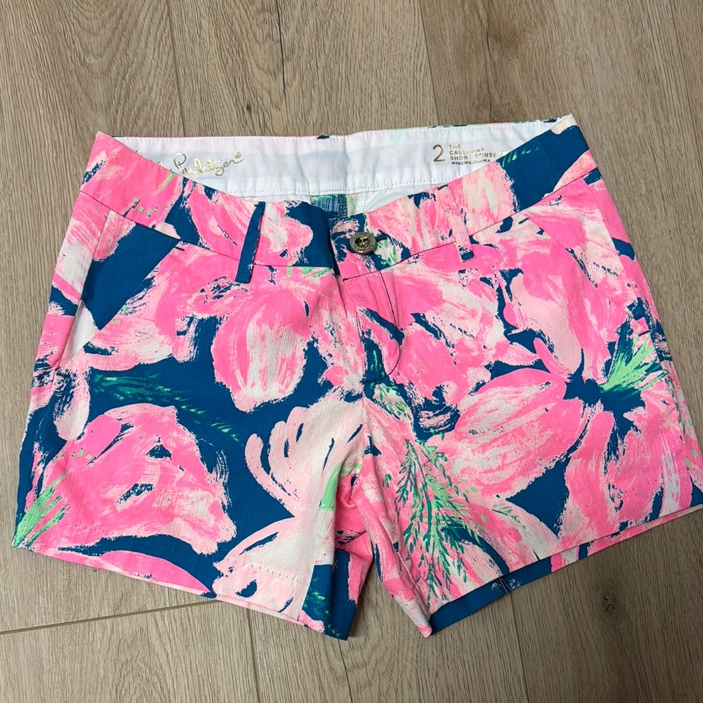 Lilly Pulitzer Pink and Blue Bermuda Shorts Vibrant Floral Design